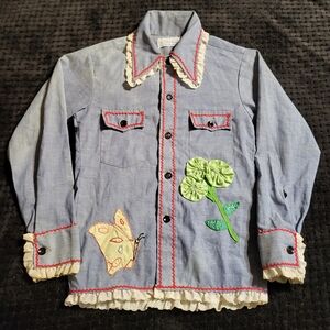 Vintage girls 1970s Appliqued button up top Size 12 cottagecore hippie